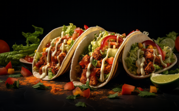 HD desktop wallpaper featuring a delicious array of tacos filled with succulent meat, fresh lettuce, tomatoes, and drizzled with creamy sauce, perfect for food enthusiasts and wallpaper collectors.