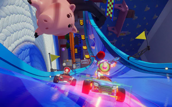 HD desktop wallpaper featuring a vibrant Disney Speedstorm racing scene with colorful characters and dynamic track design for gaming fans.