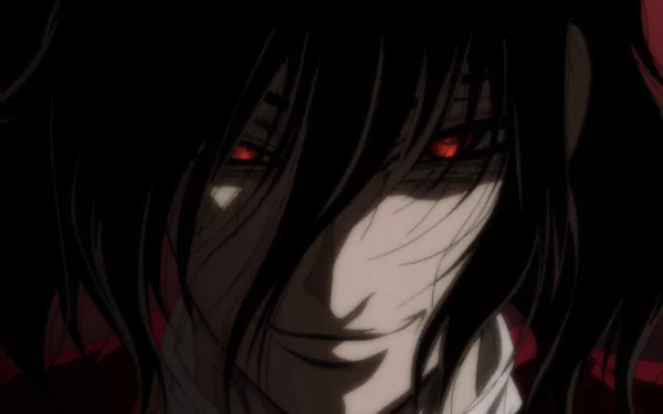 Alucard from Hellsing anime with glowing red eyes on a dark background - HD desktop wallpaper.