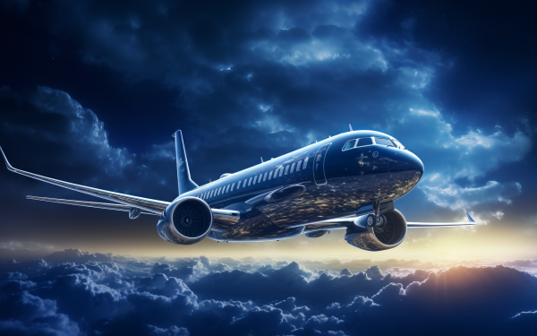 HD Wallpaper of a commercial aircraft flying above the clouds at dusk with a dramatic sky background for desktop.