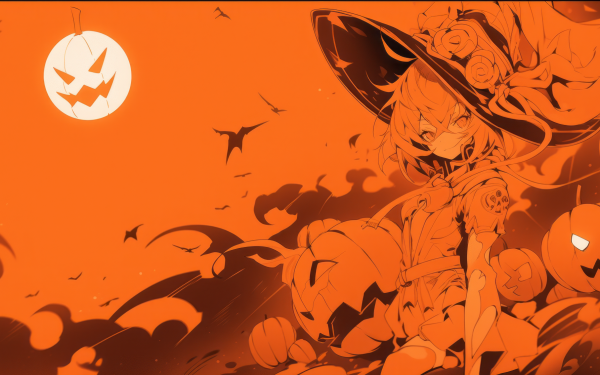 Halloween-themed HD desktop wallpaper featuring an orange and black illustration of a whimsical character in a witch costume with pumpkins and bats.