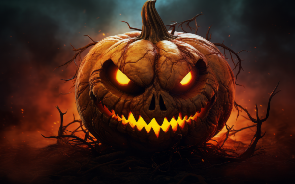 HD Halloween desktop wallpaper featuring a menacing pumpkin head with glowing eyes and a sharp-toothed grin set against a fiery background.