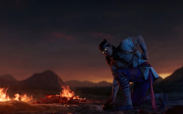 HD wallpaper featuring Liu Kang from Mortal Kombat 1 set against a backdrop of a fiery battlefield at dusk, perfect for desktop backgrounds.