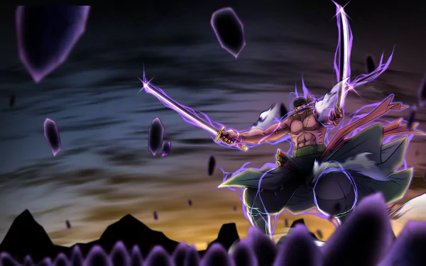 HD wallpaper featuring Roronoa Zoro from the anime One Piece, showcasing his dynamic pose with swords amid purple energy and a dramatic sky.