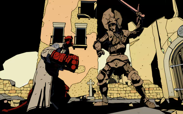 HD desktop wallpaper featuring Hellboy from Hellboy: Web of Wyrd, drawn in a comic book style, wielding a sword with a dramatic background.