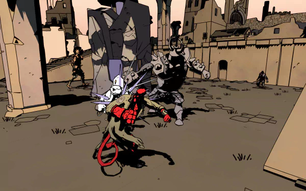 Hellboy: Web of Wyrd HD desktop wallpaper featuring Hellboy in combat with mystical creatures in a desolate urban landscape.