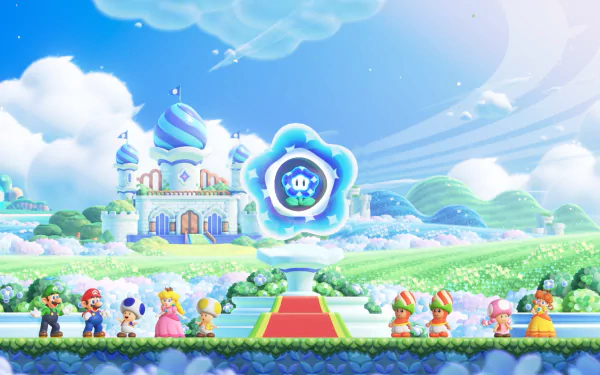 HD Super Mario Bros. Wallpaper Featuring Characters in a Vibrant Mushroom Kingdom Landscape.