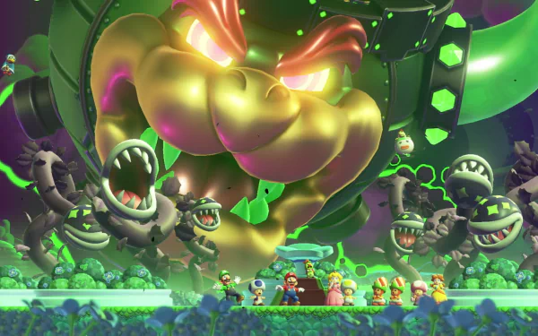 HD Super Mario Bros. wallpaper featuring a vibrant standoff between Mario, Luigi, and friends against the menacing Bowser.