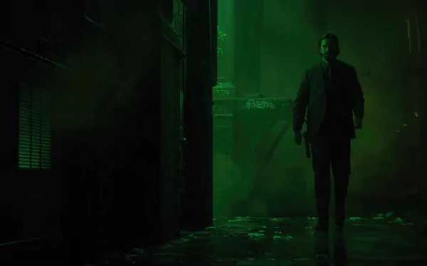 A dark, atmospheric HD wallpaper from Alan Wake 2, featuring a lone figure walking through a shadowy, green-lit environment, evoking suspense and mystery.
