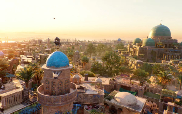 Assassin's Creed Mirage HD desktop wallpaper featuring a vibrant scene over ancient city rooftops with iconic architecture under a warm sunset.