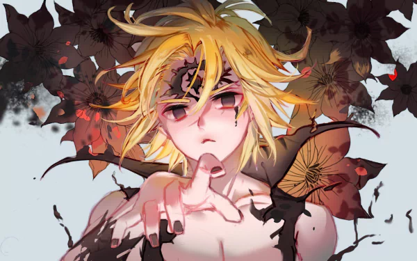 HD wallpaper of Meliodas from The Seven Deadly Sins with dramatic autumn leaves background for desktop.