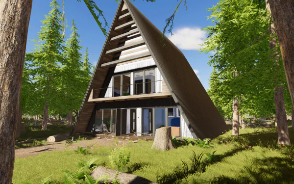 AHD wallpaper showcasing a modern A-frame house surrounded by lush greenery, inspired by the video game House Flipper 2, blending nature with contemporary design.