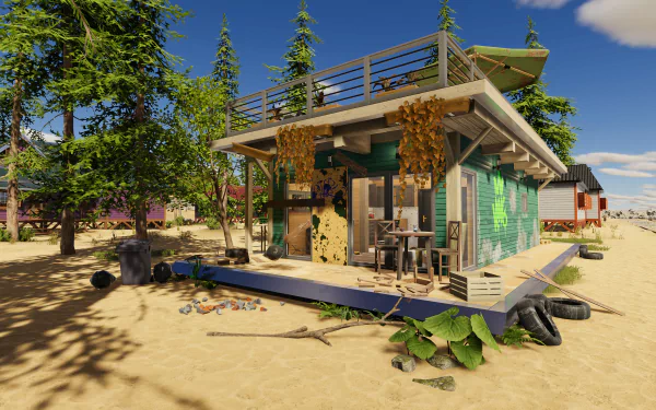 HD desktop wallpaper of a beachside house from House Flipper 2 game, featuring renovation and simulation gameplay elements.