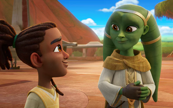 HD wallpaper featuring two young characters from Star Wars: Young Jedi Adventures, with a serene temple backdrop.
