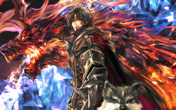 HD wallpaper of Clive Rosfield from Final Fantasy XVI with dynamic fire and ice elemental background for desktops.