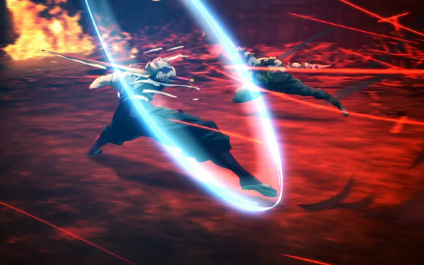 Demon Slayer: Kimetsu no Yaiba wallpaper showing Tengen Uzui and Gyutaro clashing in a fiery battle, blue sword arcs and red embers, HD PC anime desktop background.