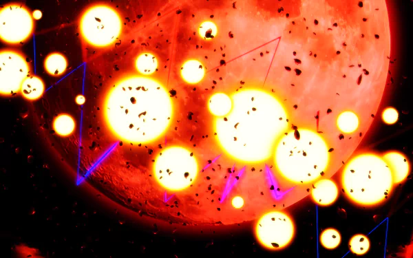 4K Ultra HD anime wallpaper from The Eminence in Shadow featuring glowing orbs against a vivid red celestial background with subtle geometric lines.