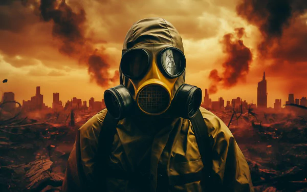 Person in gas mask with apocalyptic city backdrop HD wallpaper.