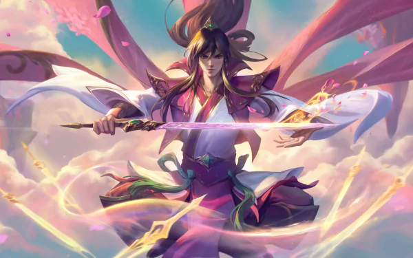 HD wallpaper featuring Talon from League of Legends, poised with a sword against a vibrant, cloud-filled backdrop.