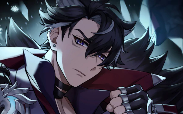 HD desktop wallpaper featuring Wriothesley from Genshin Impact, depicted with an intense gaze and dynamic, dark attire.