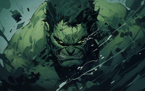 HD desktop wallpaper featuring an intense illustration of the Hulk bursting with rage amidst shattered debris.