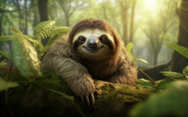 HD wallpaper of a smiling sloth resting on a tree branch in a sunlit forest, perfect for a calming desktop background.