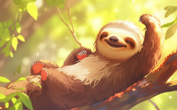 HD desktop wallpaper of a smiling sloth lounging on a tree branch with lush green foliage in the background.