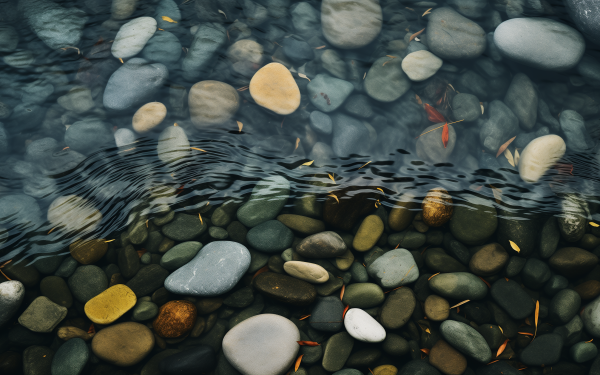 HD wallpaper featuring serene water with smooth colorful stones and pebbles, perfect for a tranquil desktop background.
