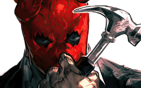 HD desktop wallpaper featuring the animated character Shin from Dorohedoro with a red mask and holding a silver hammer.