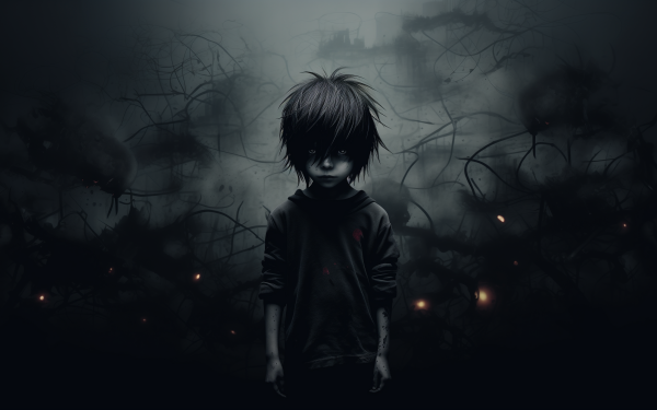 Emo-themed HD desktop wallpaper featuring a mysterious animated character with dark hair, standing against a moody, dark background with subtle red highlights.