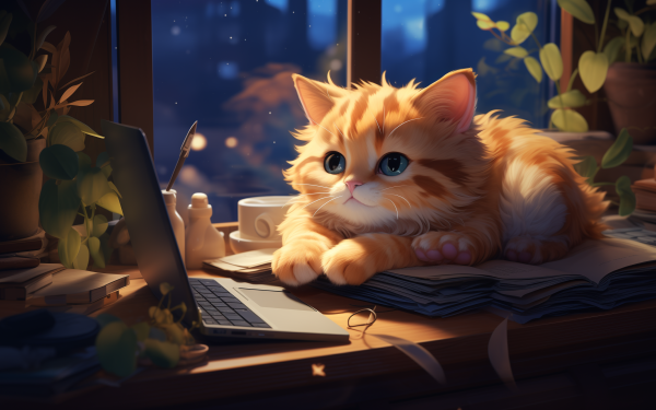 Cute orange tabby cat lying on a desk with an open laptop, books, and a coffee mug, HD desktop wallpaper background.