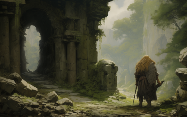 HD wallpaper of a lone warrior exploring ancient ruins in a lush forest, perfect for a desktop background.