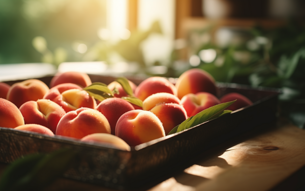 HD desktop wallpaper featuring ripe peaches in a basket bathed in warm sunlight, perfect for a serene background setting.