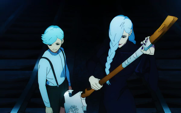 Mei Mei from Jujutsu Kaisen stands ready with a weapon beside a blue-haired companion in this 8K Ultra HD anime PC desktop wallpaper.
