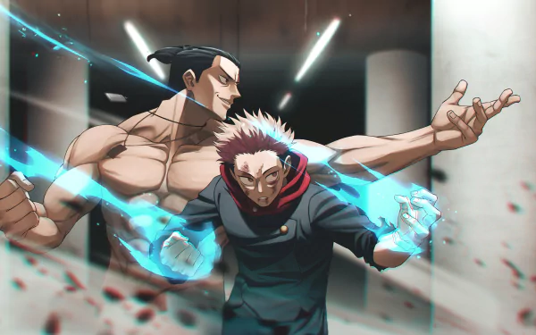 HD PC desktop wallpaper featuring Aoi Todo and Yuji Itadori from the anime Jujutsu Kaisen, showcasing dynamic poses with glowing blue energy effects.