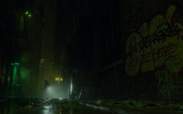 HD desktop wallpaper of Alan Wake 2 featuring a dark, rainy street scene with mysterious figure and graffiti.