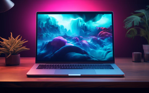 A sleek laptop displaying a vibrant HD desktop wallpaper of a surreal landscape, set against a backdrop of soft purple lighting and complemented by potted plants on a wooden desk.