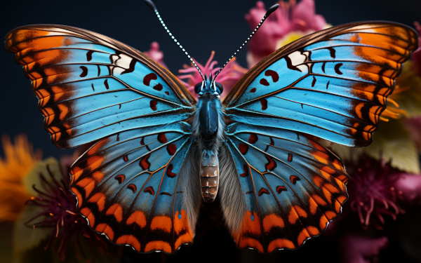 HD wallpaper of a vibrant blue and orange butterfly with detailed wings, perfect for desktop background.