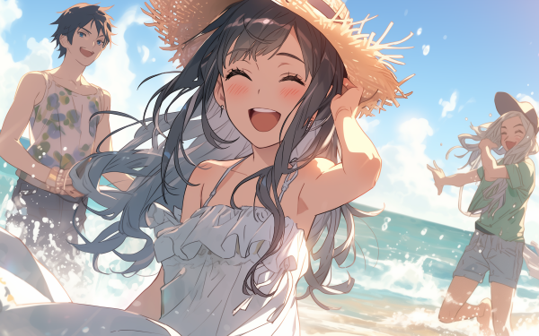 HD animated beach scene wallpaper with joyful characters enjoying the sun, sea, and sand, perfect for desktop background, created by AI Art.