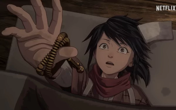 HD desktop wallpaper from Onimusha (2023) featuring a surprised animated character with a bracelet reaching out, with Netflix branding.