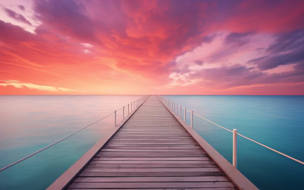 HD wallpaper of a serene pier extending into the sea with a vibrant sunset sky.