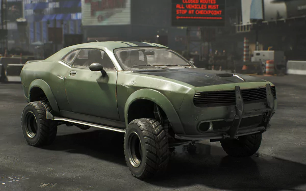 HD wallpaper of a rugged green muscle car in a post-apocalyptic urban setting from 'The Day Before' video game.