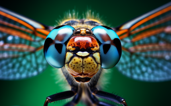 Close-up HD wallpaper of a dragonfly with detailed blue eyes and translucent wings on a blurred green background.