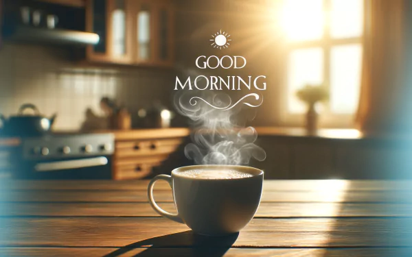 HD desktop wallpaper featuring a steaming cup of coffee with 'Good Morning' text, set against a sunny kitchen background.