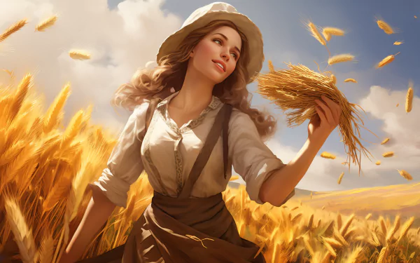 Artistic HD wallpaper of a farmer woman during harvest in a golden wheat field.