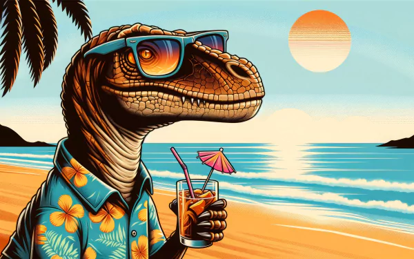 HD desktop wallpaper featuring a stylized velociraptor in sunglasses and a Hawaiian shirt, holding a cocktail on a beach at sunset.