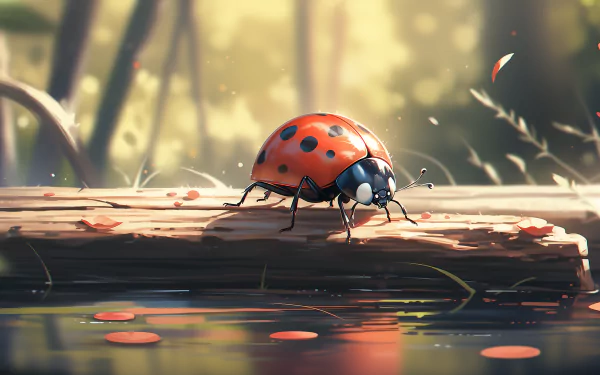 HD wallpaper featuring a close-up of a vibrant ladybug on a wooden surface with a soft-focus natural background, perfect for a serene desktop environment.