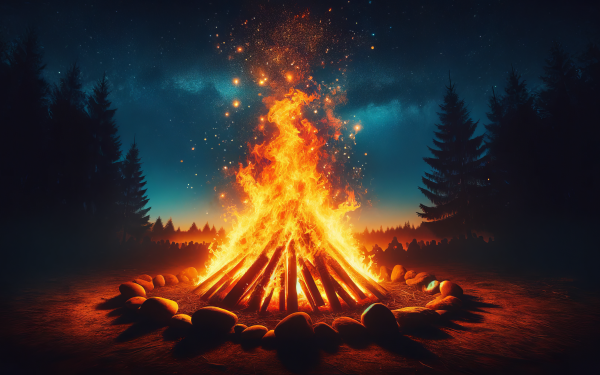 Majestic bonfire at night in a forest clearing with stars shining in the sky, perfect for a mystical HD desktop wallpaper.