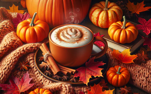 Cozy autumn themed HD wallpaper featuring a warm pumpkin spice latte, surrounded by pumpkins, fall leaves, cinnamon sticks, and a knitted blanket.