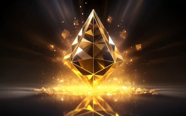 HD desktop wallpaper featuring a glowing Ethereum cryptocurrency symbol in a dynamic, radiant design.